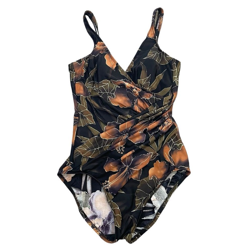 Miraclesuit Faux Wrap One Piece‎ Swimsuit Black Floral Leaves Size 10